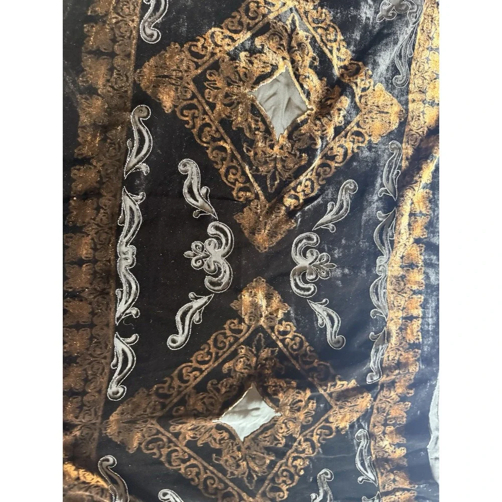 Vintage J & NY Viscose And Silk Black Brown Embroidered Scarf Fringe 64